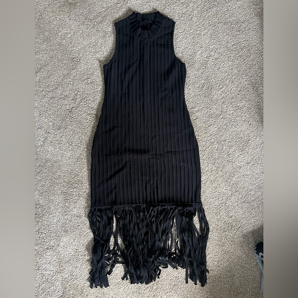Boston Proper Black Sleeveless Fringe-Trim Midi Dress